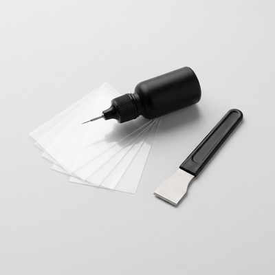 CAMPAGNE GlassFix windshield repair kit: resin applicator, curing films and razor blade