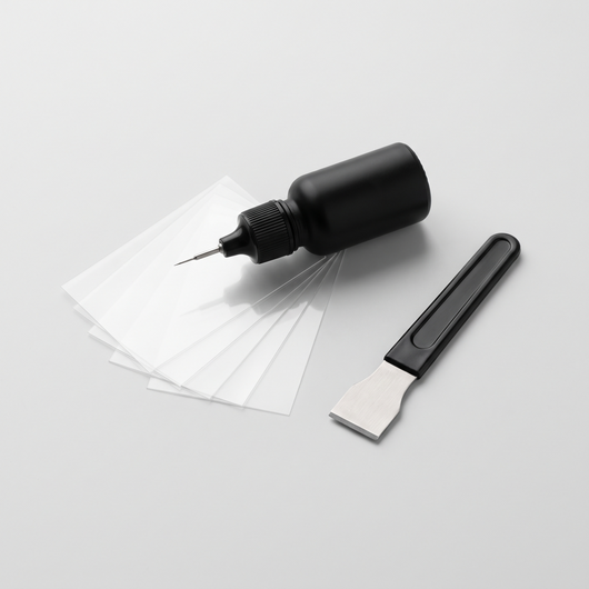 CAMPAGNE GlassFix windshield repair kit: resin applicator, curing films and razor blade